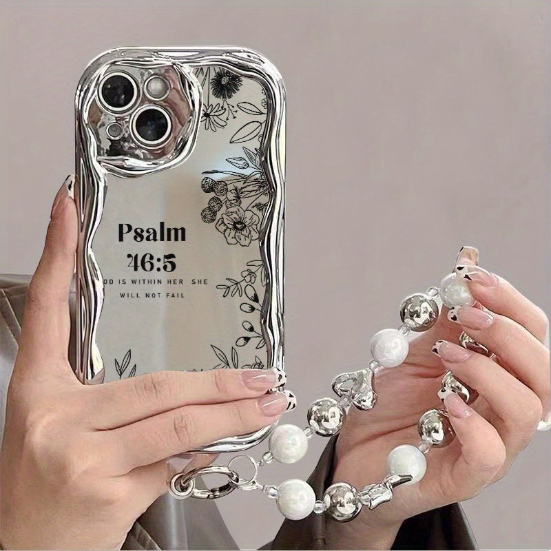 Electroplated Silver Curved Edge Pattern Mobile Phone Case with Pearl Bracelet Lanyard Design, Anti-fall, Durable, Unique Pattern, Compatible with iPhone 16 15 14 13 12 11 Pro Promax 16 15 14 Plus Cute Fashion Thickened Shock
